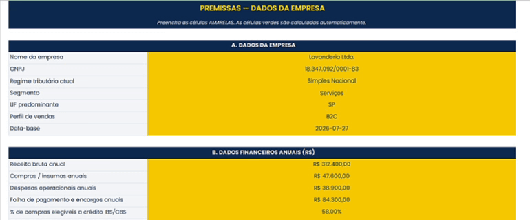 Preenchimento dos dados da empresa nas células editáveis
