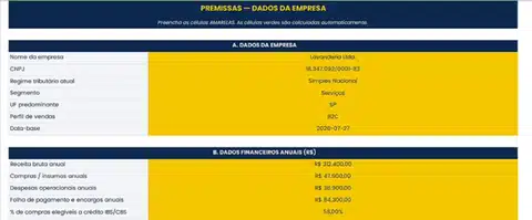 Preenchimento dos dados da empresa nas células editáveis